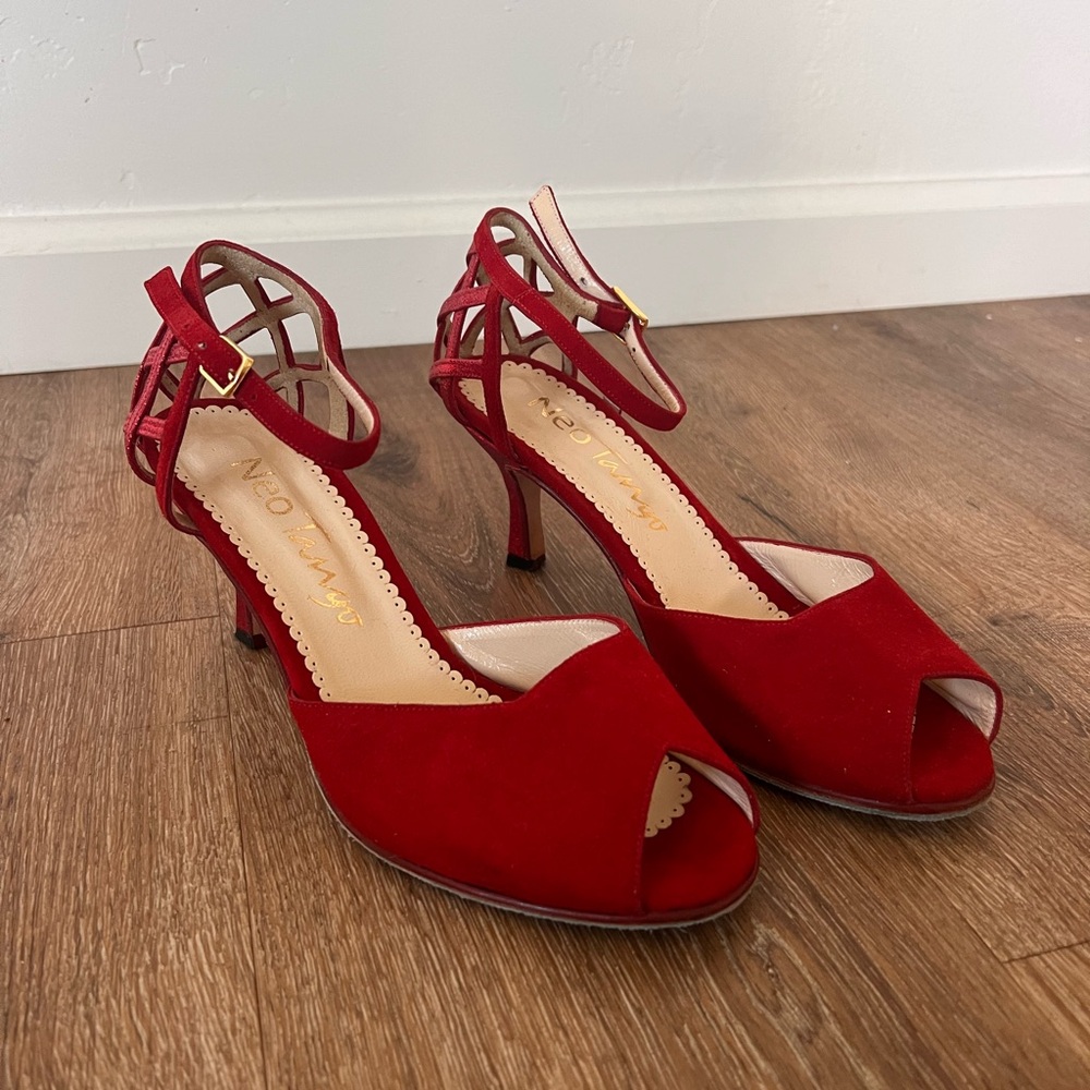 Neo Tango Red Suede Heels with Glitter Detail